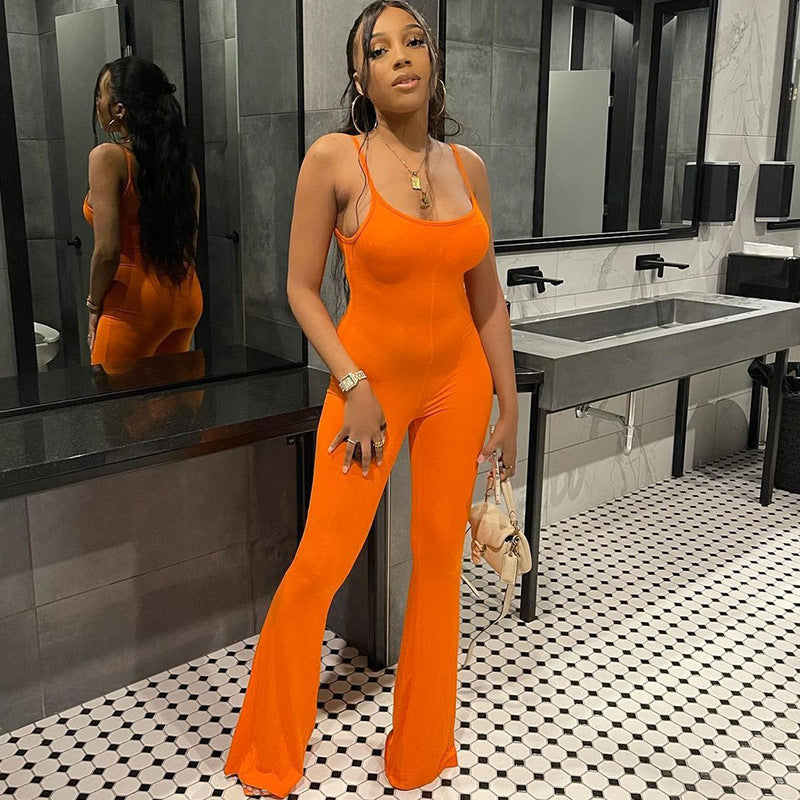 Sexy U-Neck Backless Bodycon Solid Color Jumpsuit with Spaghetti