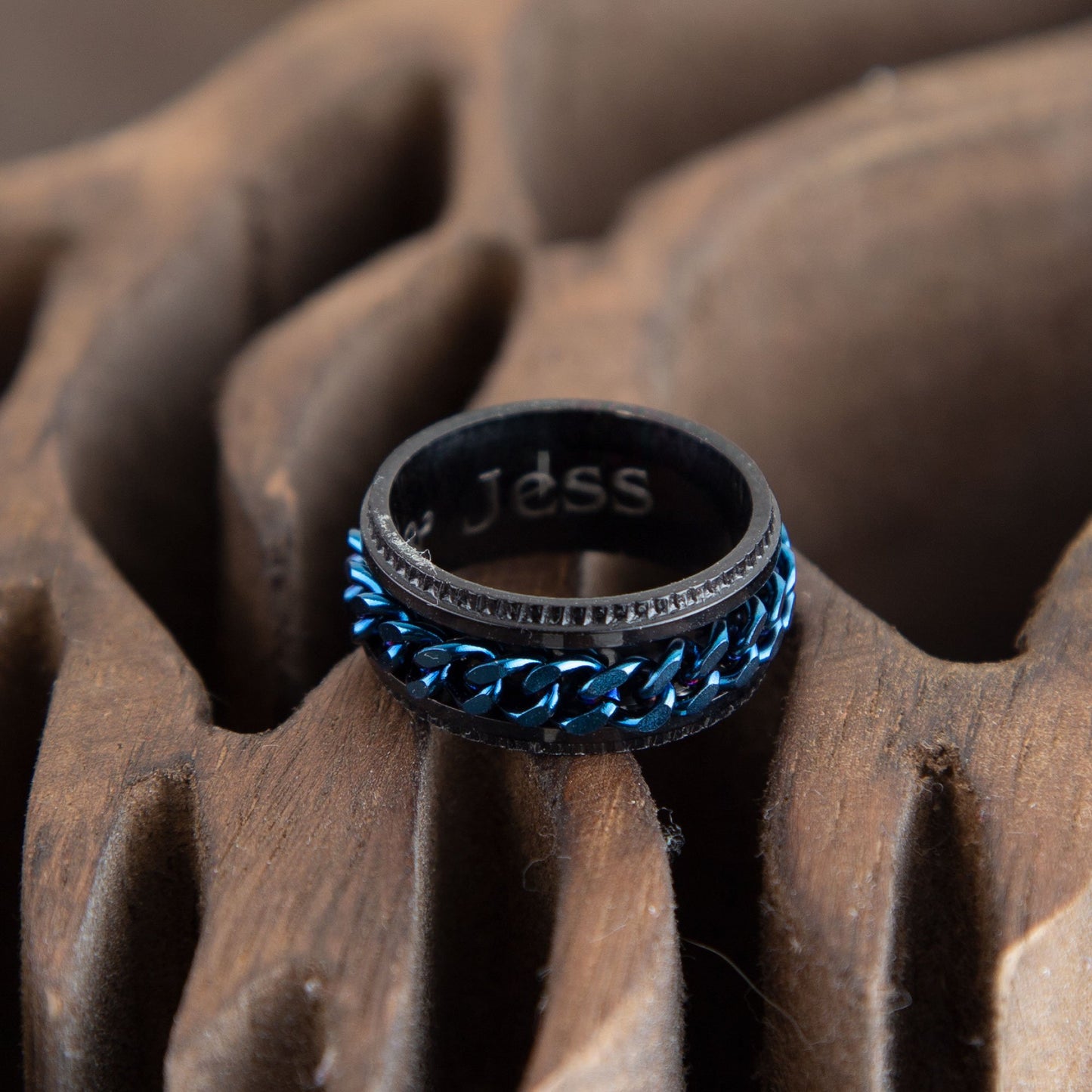 Black Blue Chain Spinner Ring for Men, Fidget Spinner Ring, Wide
