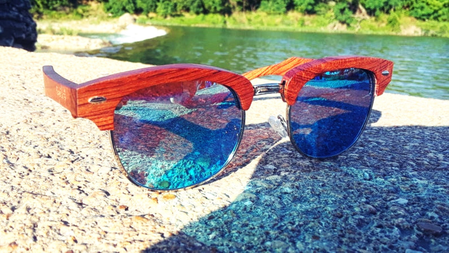 Brazilian Pear Wood Sunglasses, Ice Blue Polarized Lenses